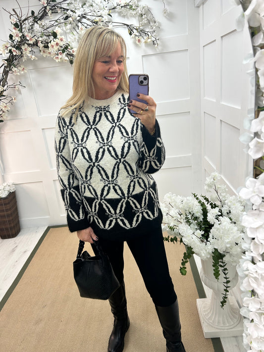 Macey: Cream & black pattern wool top. One size: 12-18