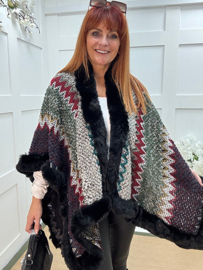 Paisley: Black faux fur multicoloured cape. Free size