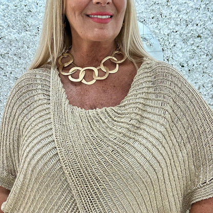 Harriet: Gold lurex cross over top. One size: 16-24