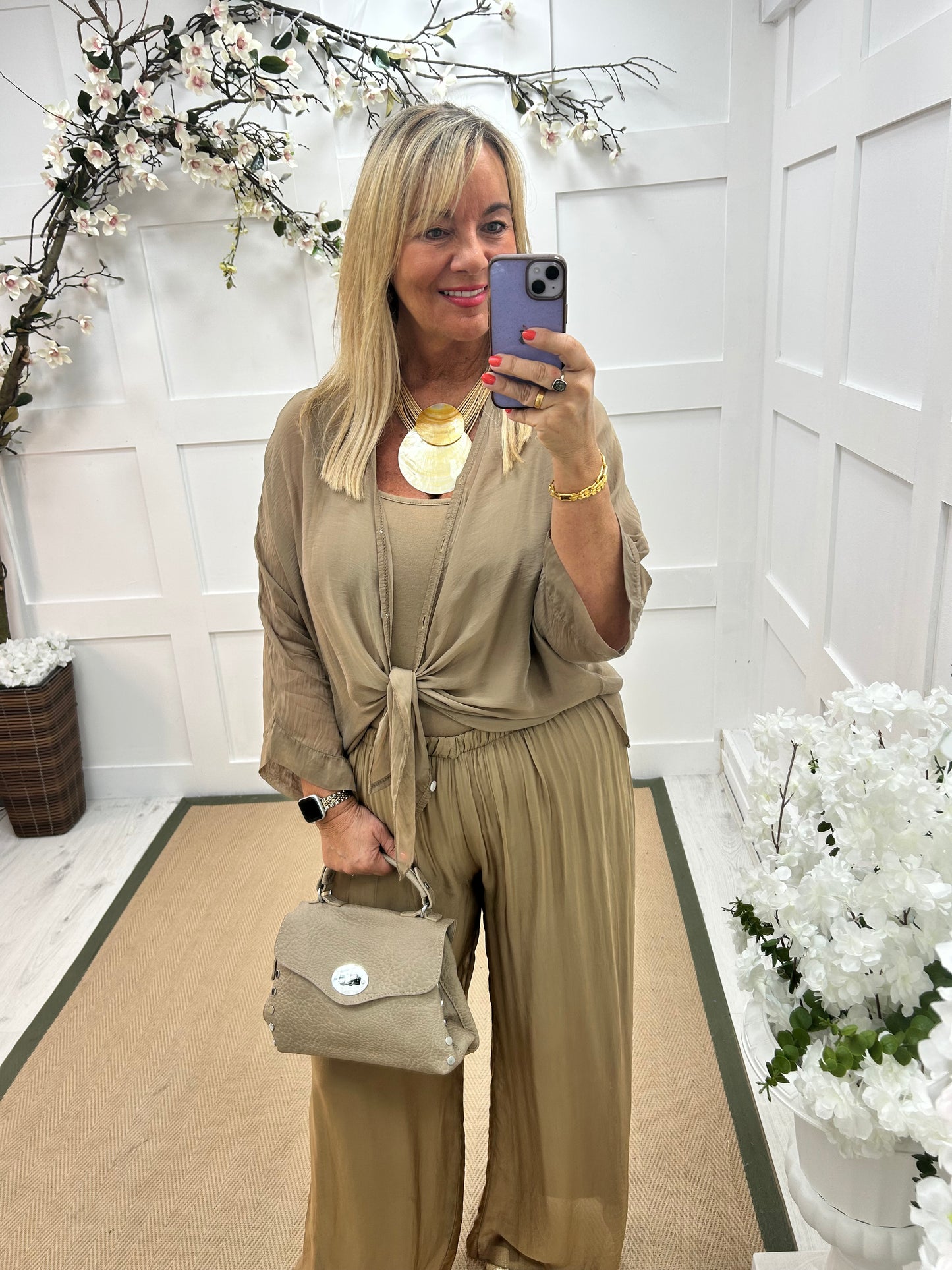 Venice: Gold silk wide leg trousers. One size: 12-20