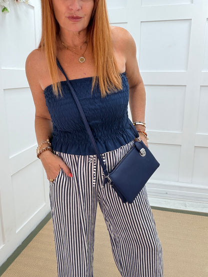 Suki: Wide leg stripe linen trousers. One size: 10-16. 3 colours