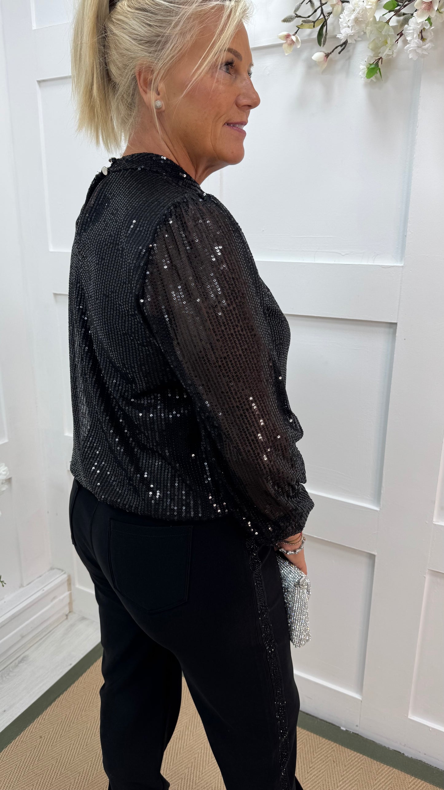 Mia: Black high neck sequin top. One size: 10-16