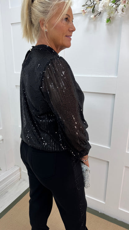 Mia: Black high neck sequin top. One size: 10-16