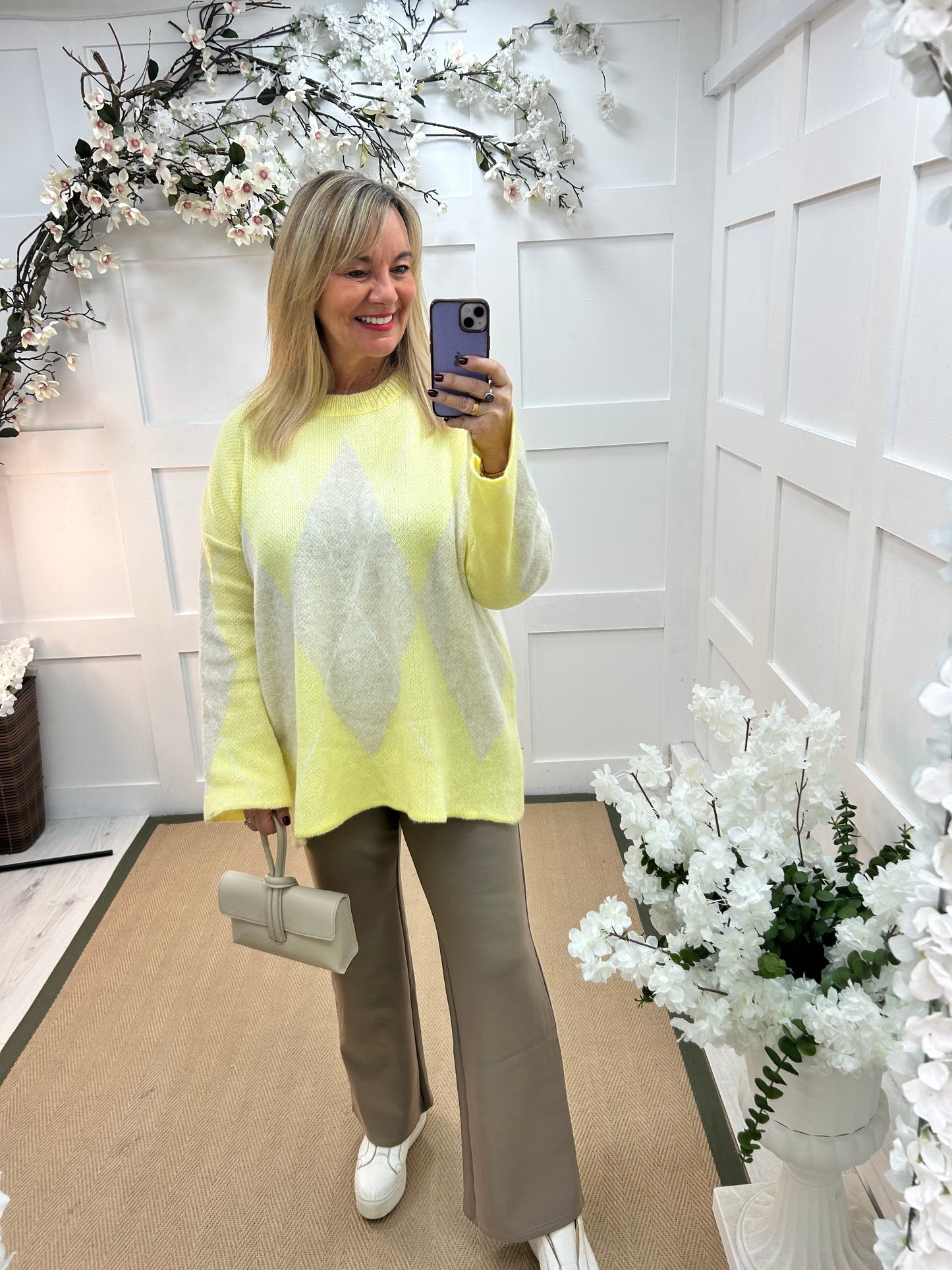 Andi: Lemon argyle knitted top. One size: 14-20