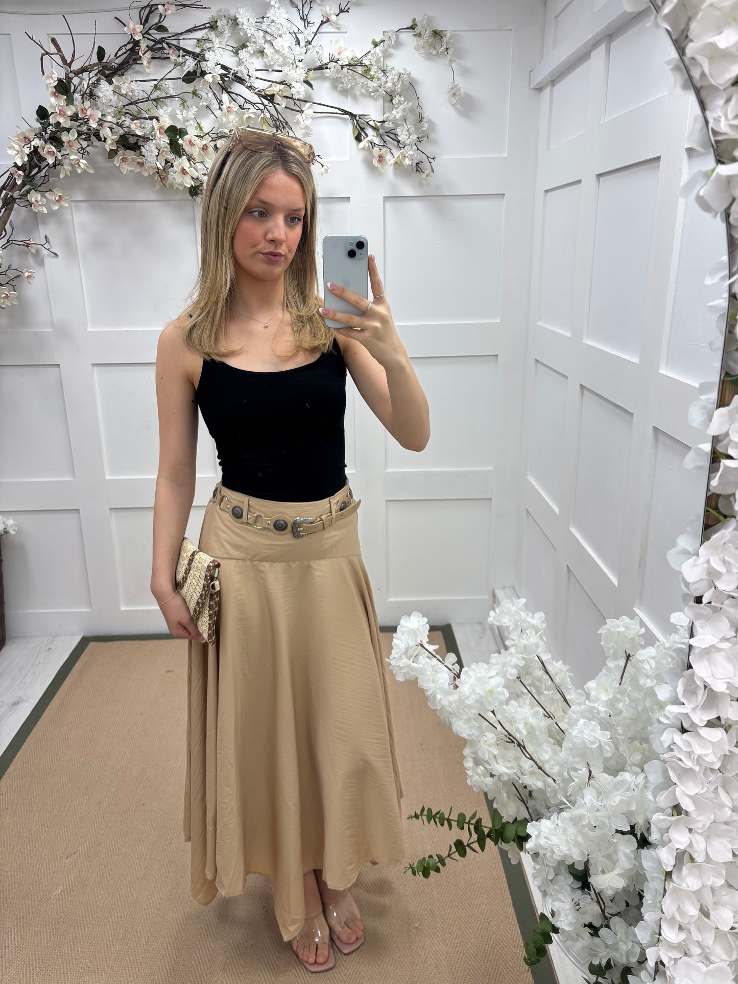 Sandy: Belted bohemian flared maxi skirt. 3 sizes. 2 colours