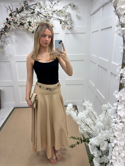 Sandy: Belted bohemian flared maxi skirt. 3 sizes. 2 colours