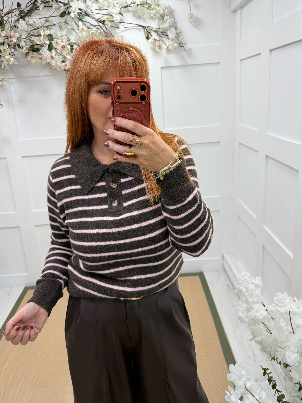 Sophie: Collared long sleeve striped soft knit top. One size: 10-16. 2 colours