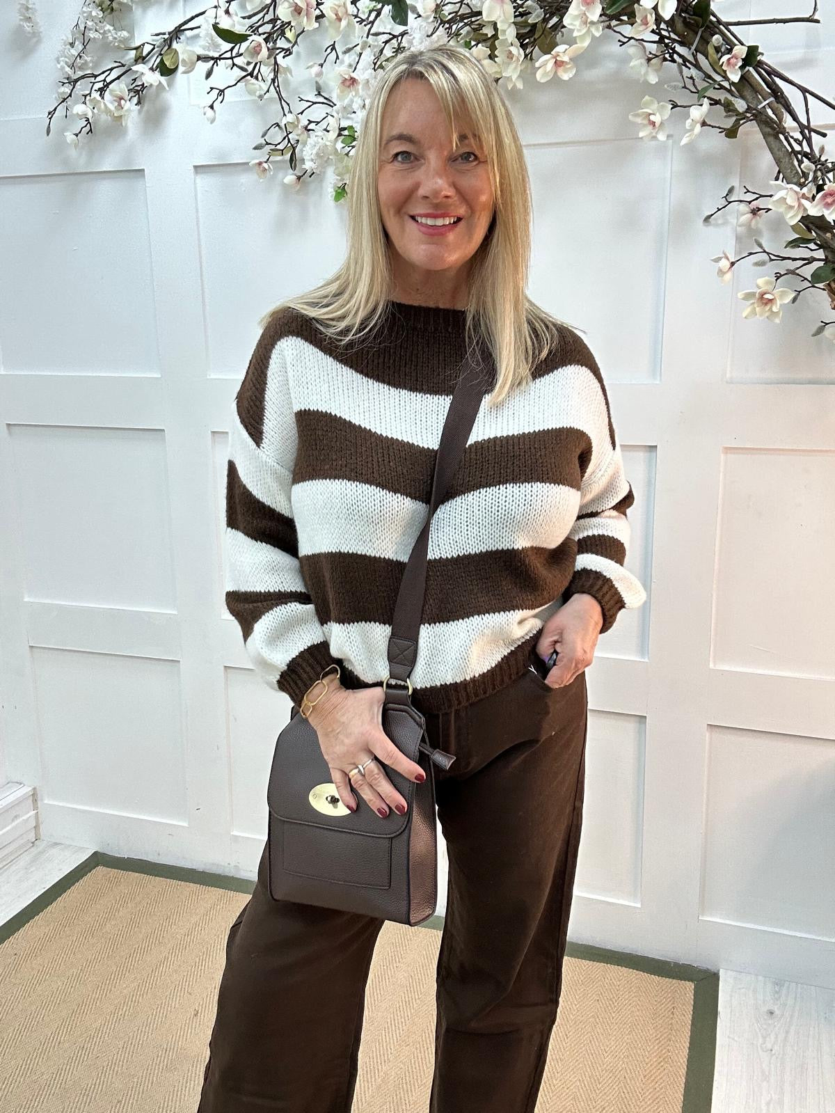 Terri: Brown striped knit jumper. One size 12-18