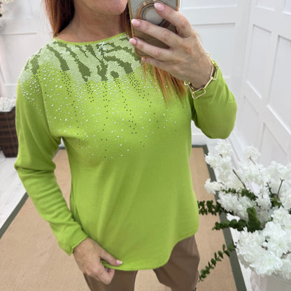 Coco: Lime & diamanté long sleeve knit top. One size: 10-16/18