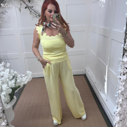 Foxy: Lemon hop sack wide leg trousers. One size: 12-18