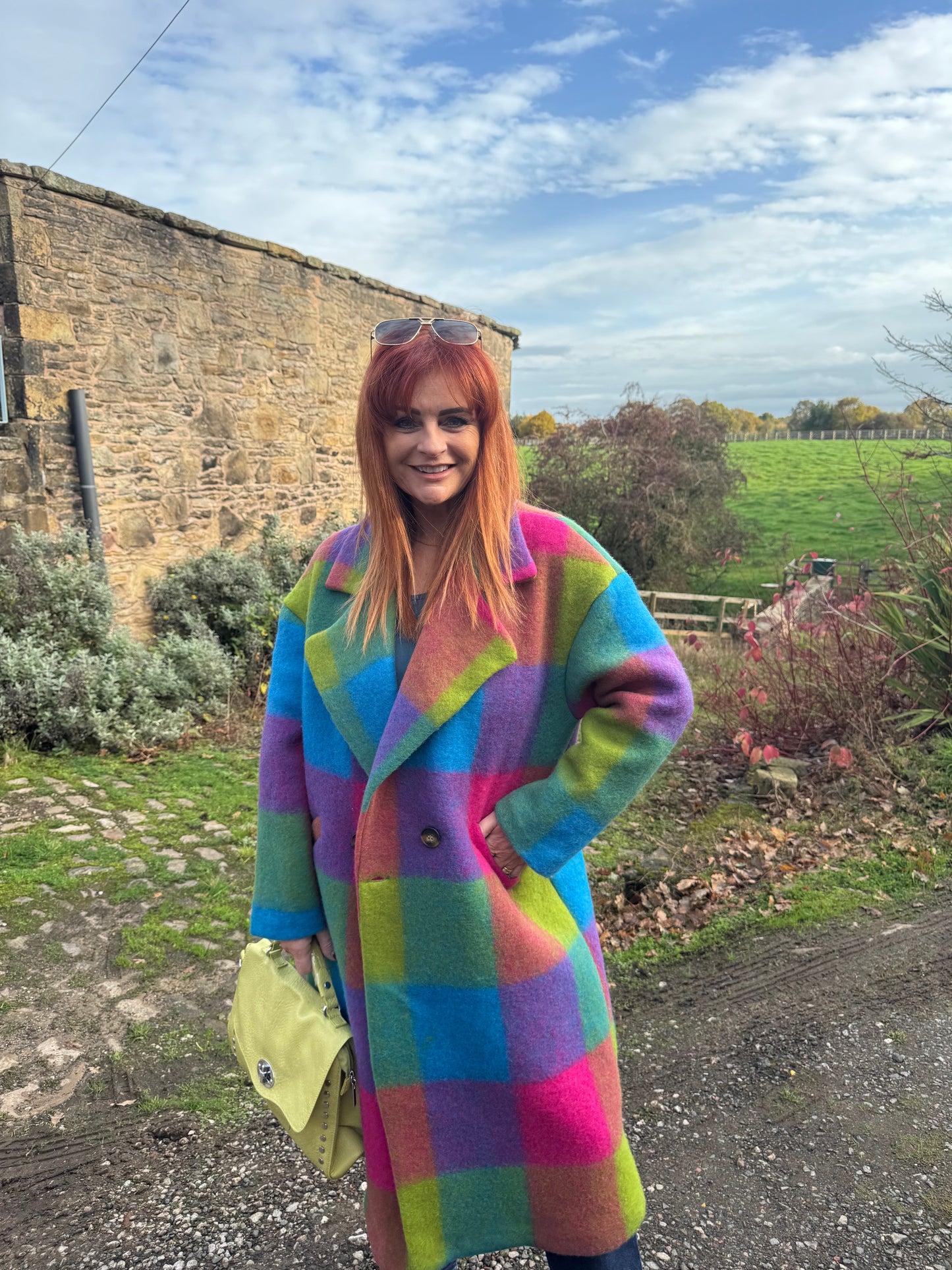 Loxley: Blue & purple check wool coat. One size 12-20