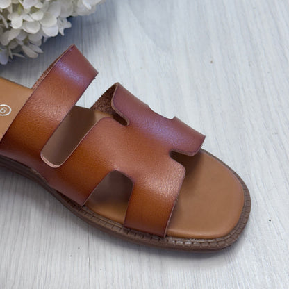 Thembi: Tan H style sliders. Sizes: 3-8