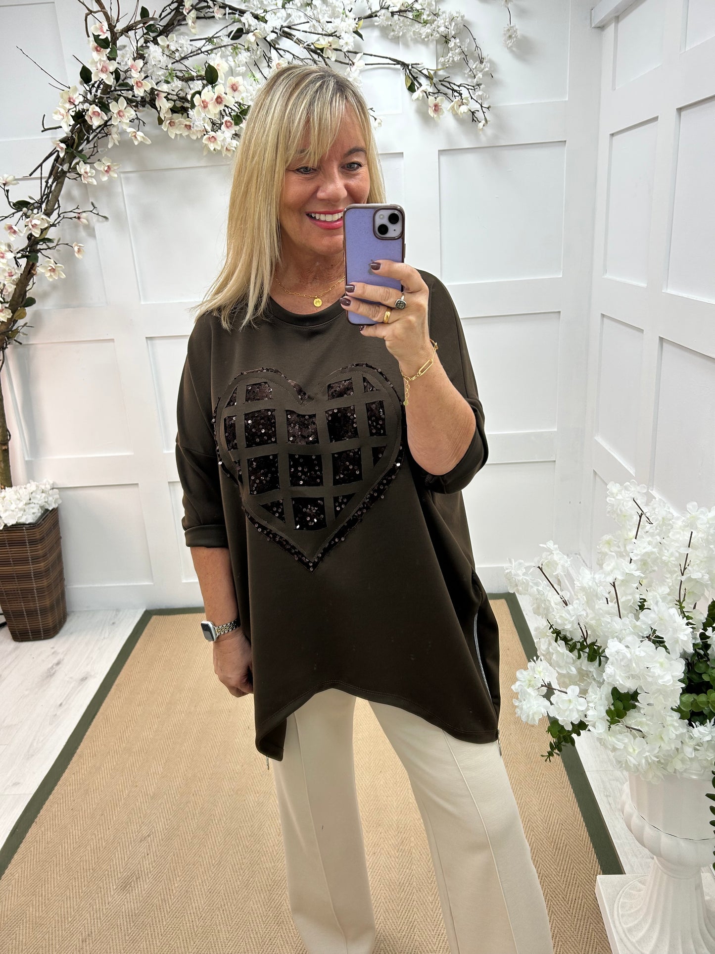 Hattie: Brown oversized sequin heart sweater. One size: 18-24