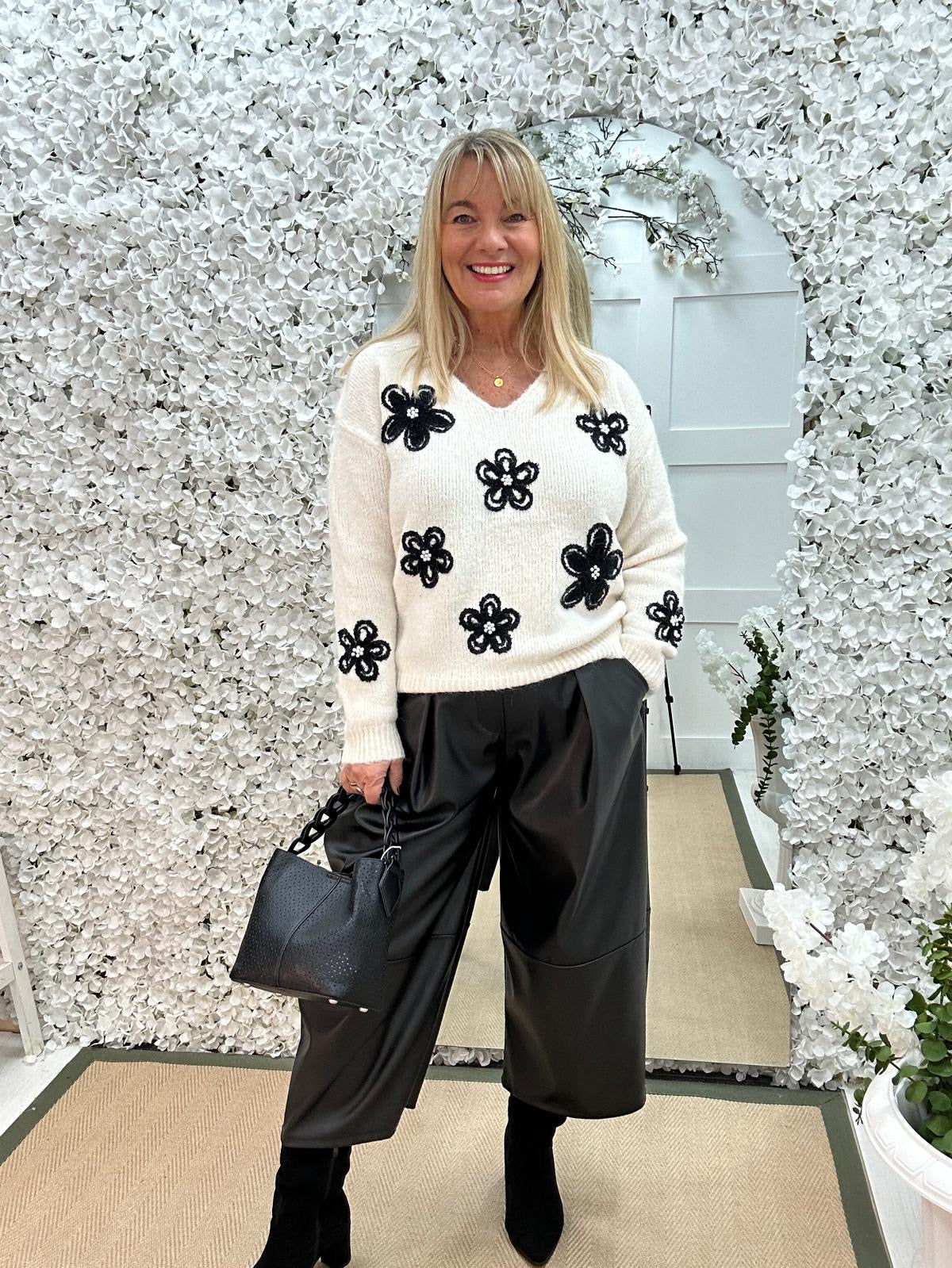 Jasmine: Cream floral knit jumper. Two sizes.