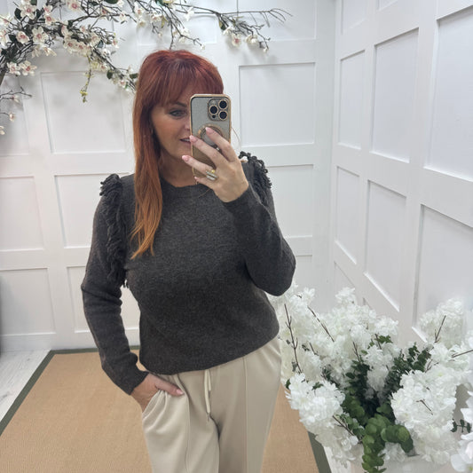 Carmel: Brown fringe knitted top. One size: 10-16