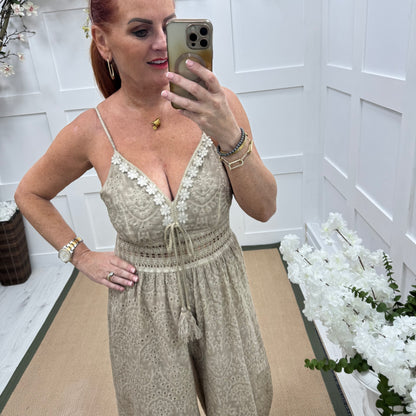 Bria: Stone broderie Anglaise strappy jumpsuit. One size: 10-14