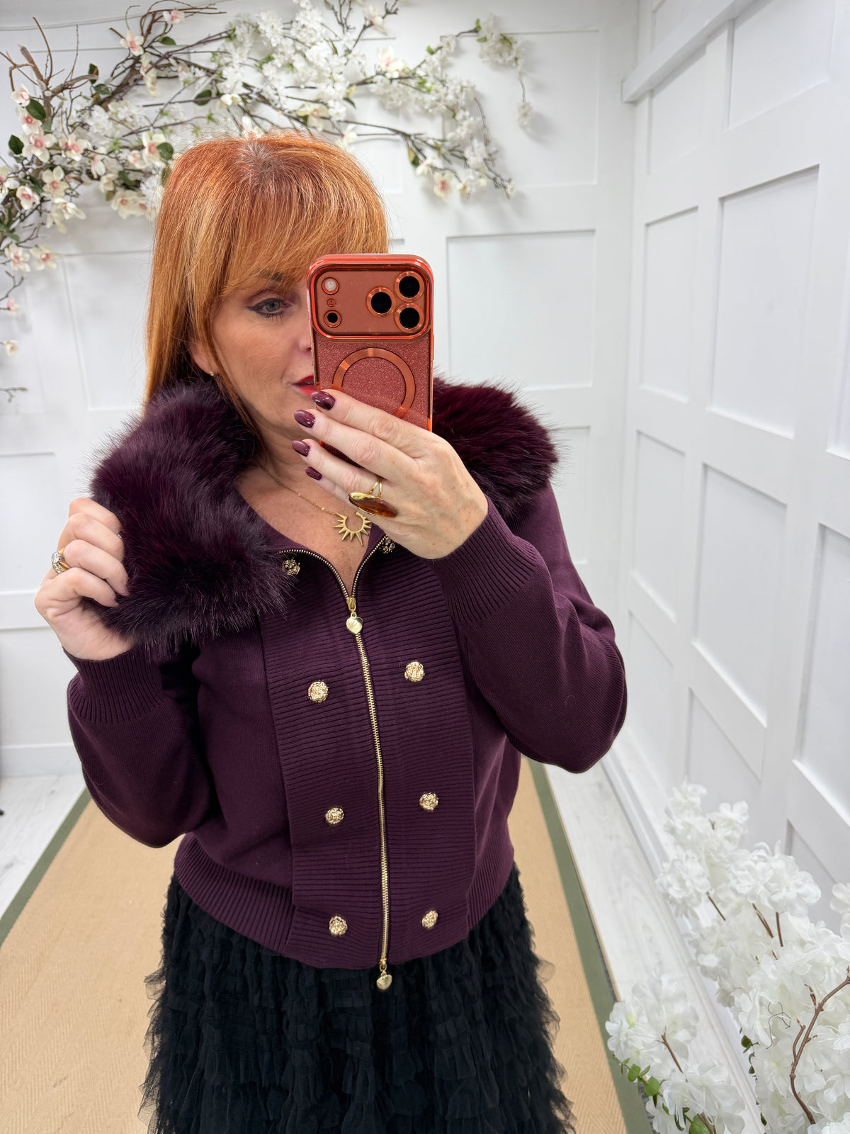 Goldie: Detachable faux fur collared zip up top. One size: 12-16. 4 colours