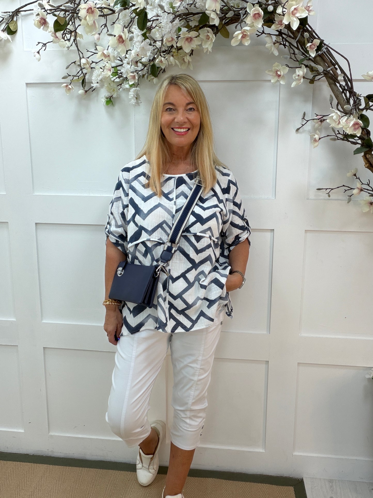 Lorna: Geometric print 3/4 sleeve top. One size: 12-18. 2 colours