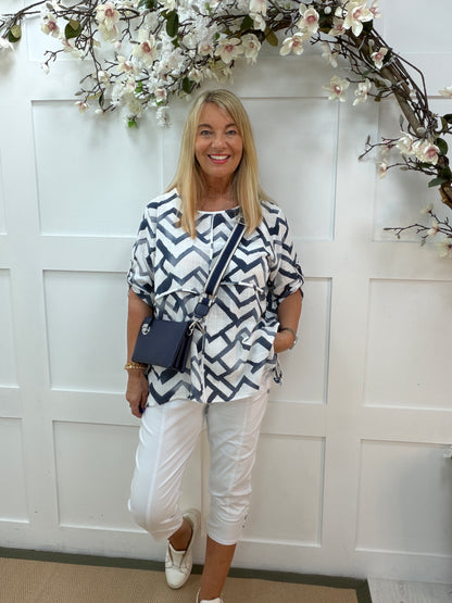 Lorna: Geometric print 3/4 sleeve top. One size: 12-18. 2 colours