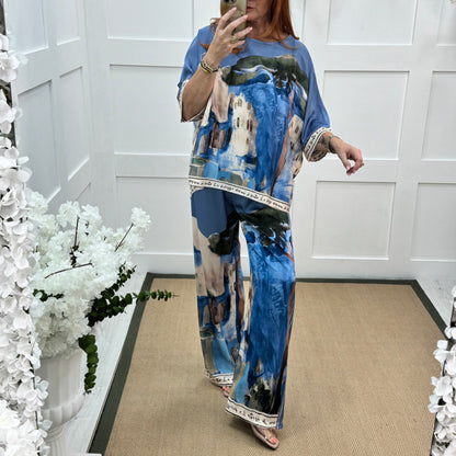 Sophia: Blue silk Amalfi wide leg trousers. One size: 10-16
