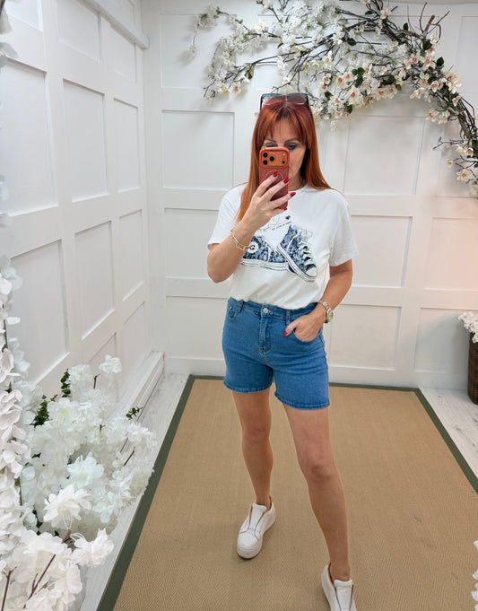 Daisy: Denim blue stretchy shorts. Sizes: 8-16