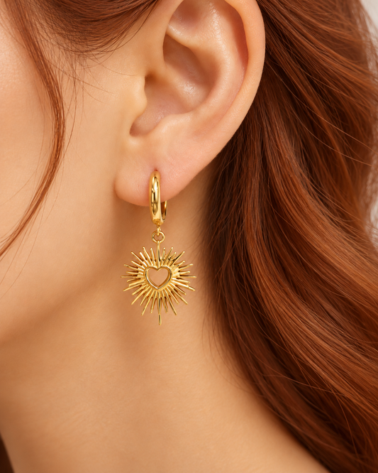 Amora: 18K gold heart burst hoop earrings
