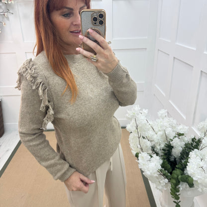 Carmel: Beige fringe knitted top. One size: 10-16