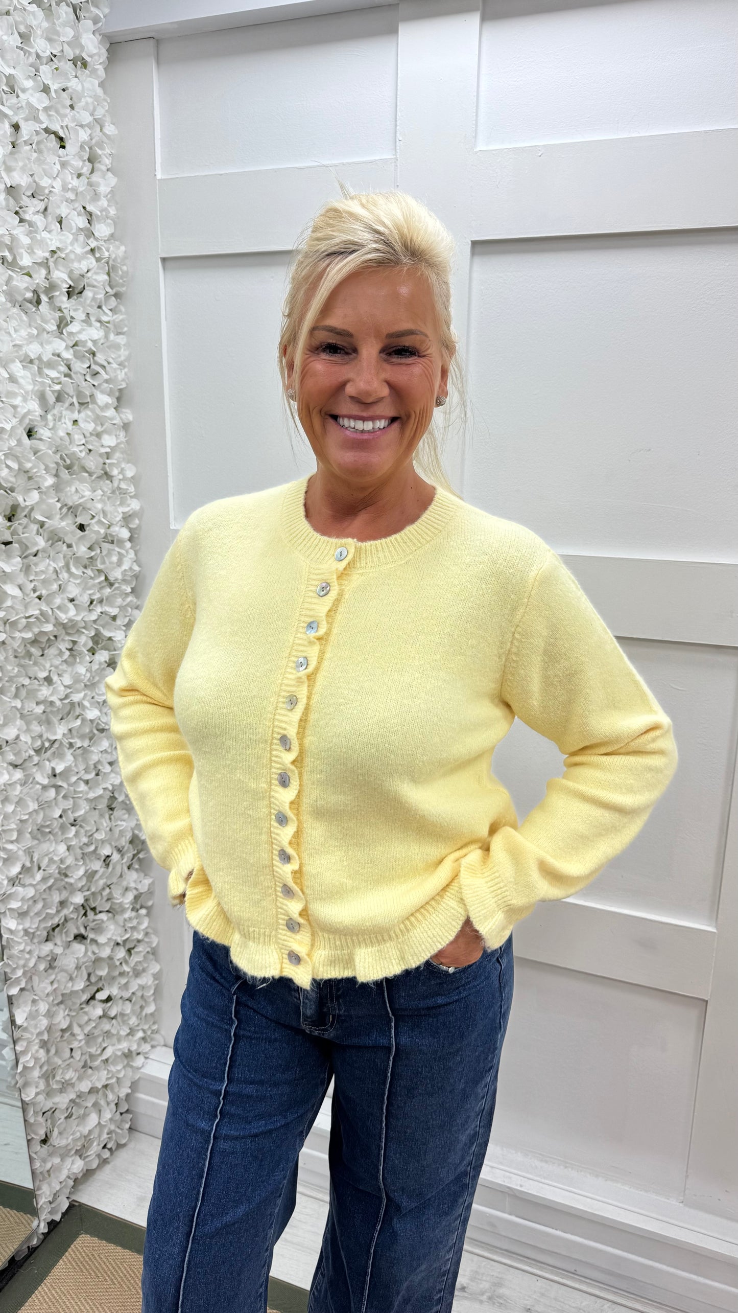Lucille: Lemon ruffle cardigan. 2 sizes