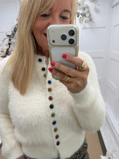 Brianna: Cream multicoloured buttoned fluffy cardigan. 2 sizes