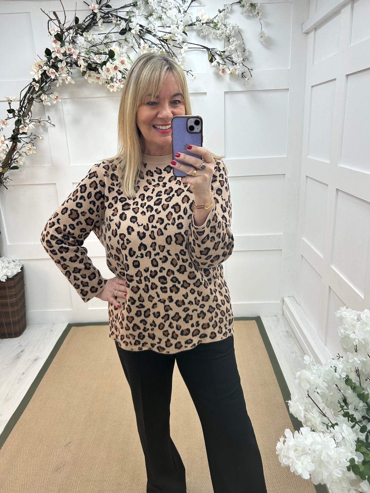 Mimi: Camel leopard print long sleeve knit top. One size: 12-16