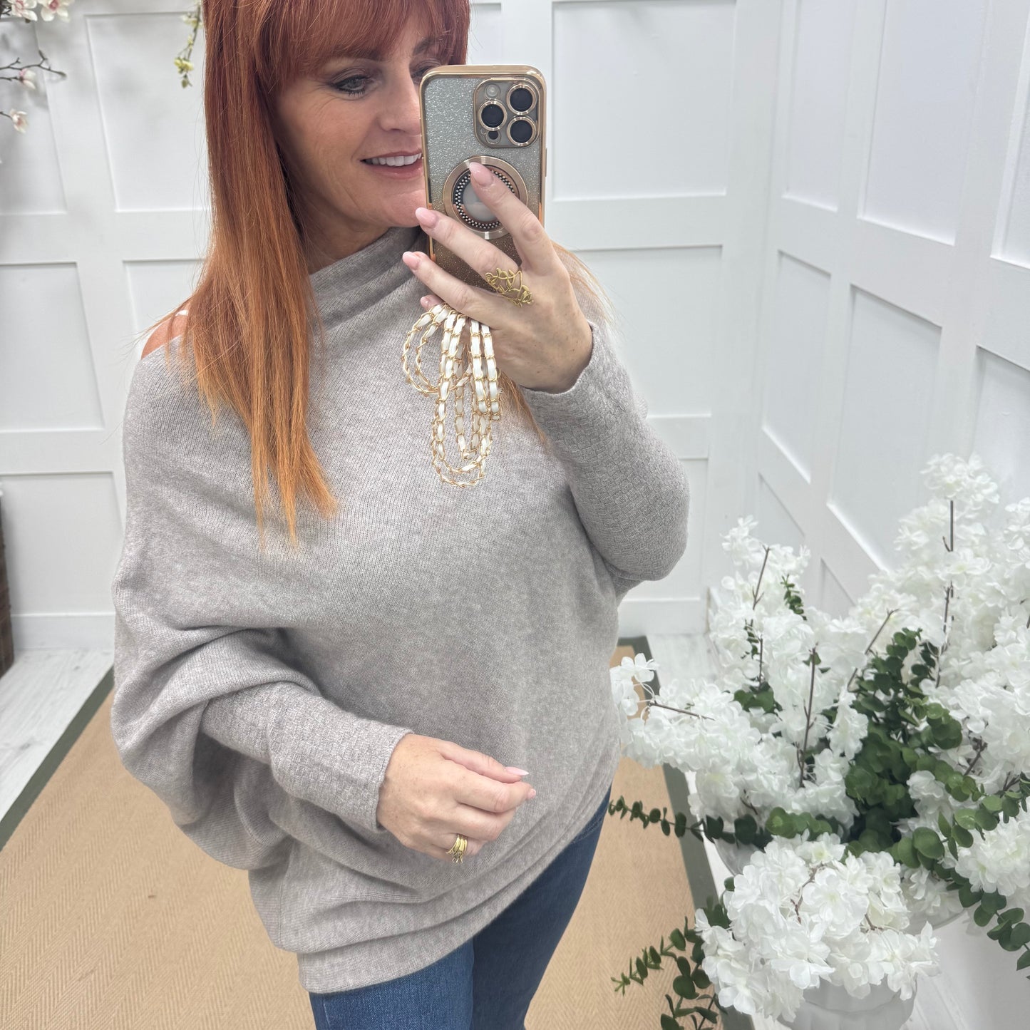 Erica: Oatmeal/beige asymmetrical slouch soft knit top. One size 10-18