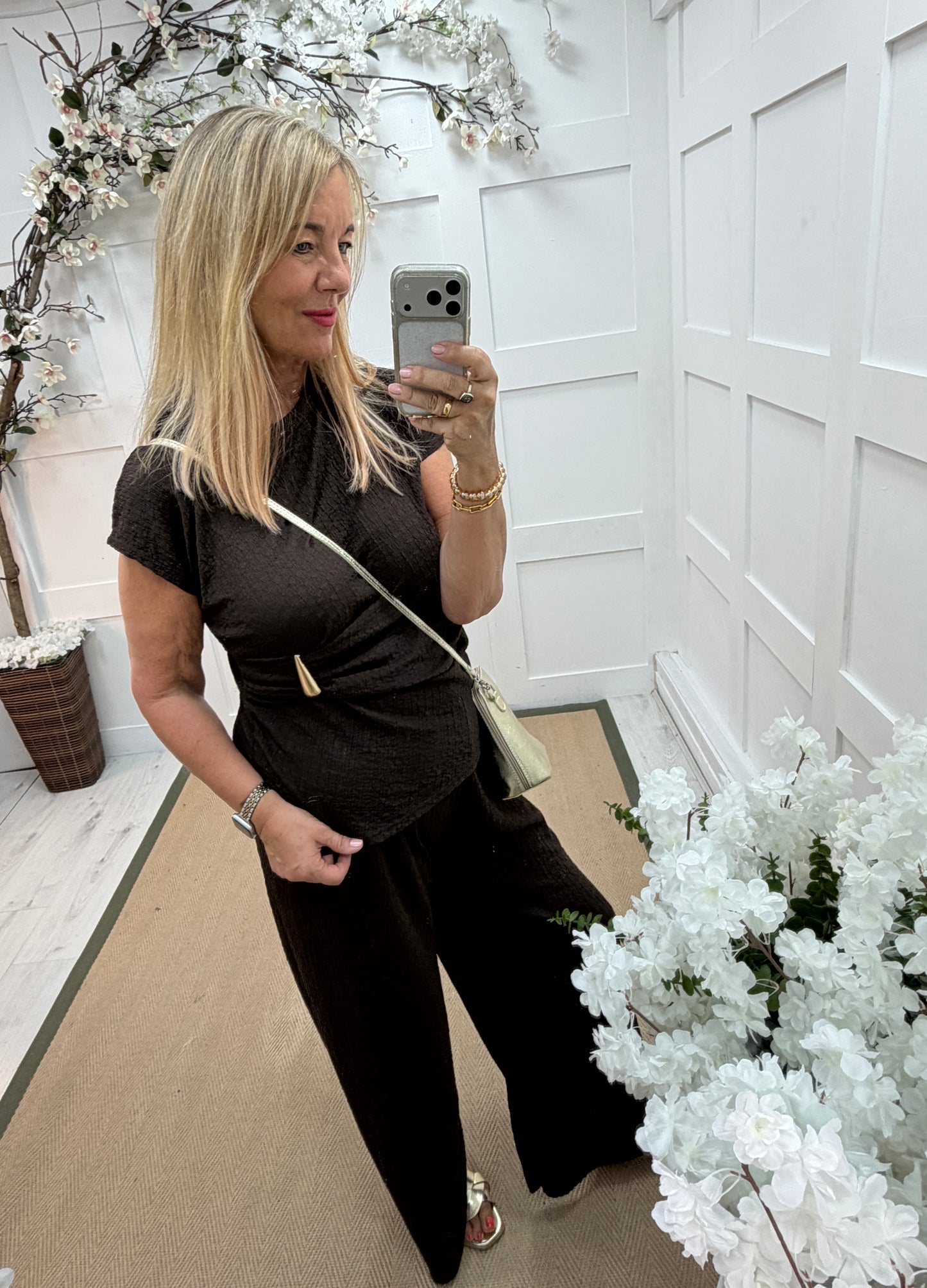 Sunnie: Textured gold buckle detail top & trouser co-ord set. One Sz: 12-16. 5 colours