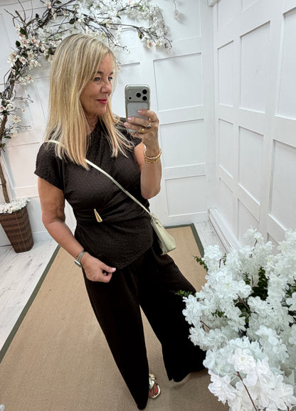 Sunnie: Textured gold buckle detail top & trouser co-ord set. One Sz: 12-16. 5 colours