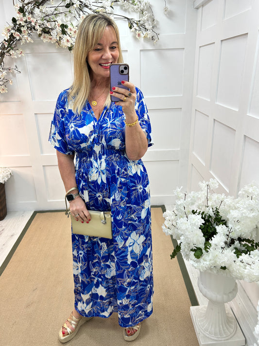 Harriet: Stretchy blue floral maxi dress. One size 12-20