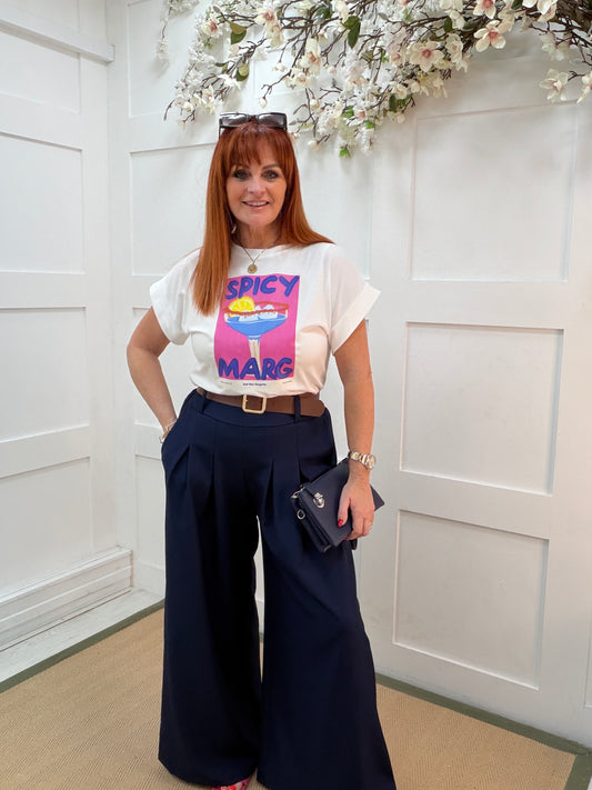 Zina: Navy pocket wide leg trousers. One size: 8-14