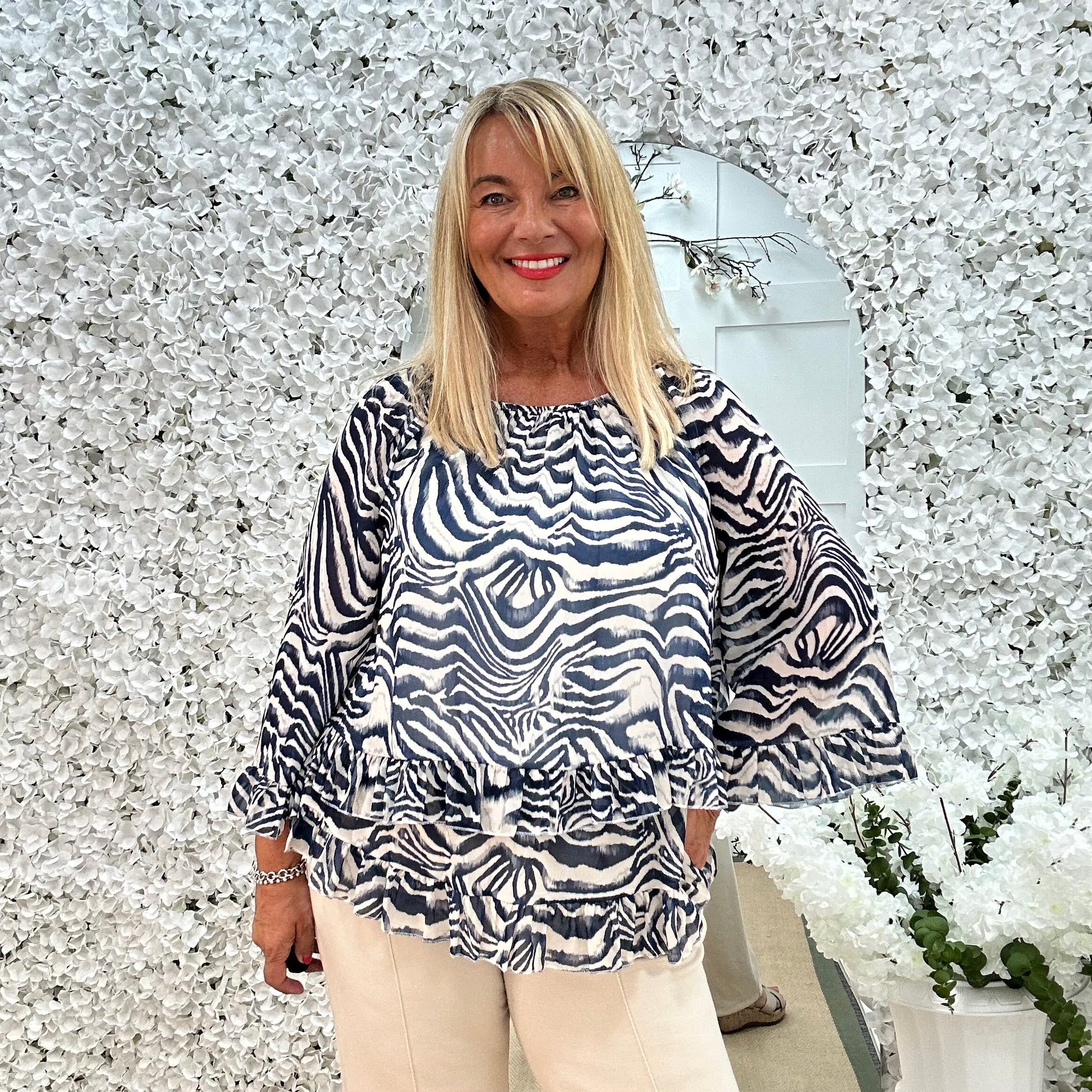 Foxy: Navy zebra double frill chiffon One size: 10-20