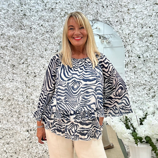 Foxy: Navy zebra double frill chiffon top. One size: 10-20