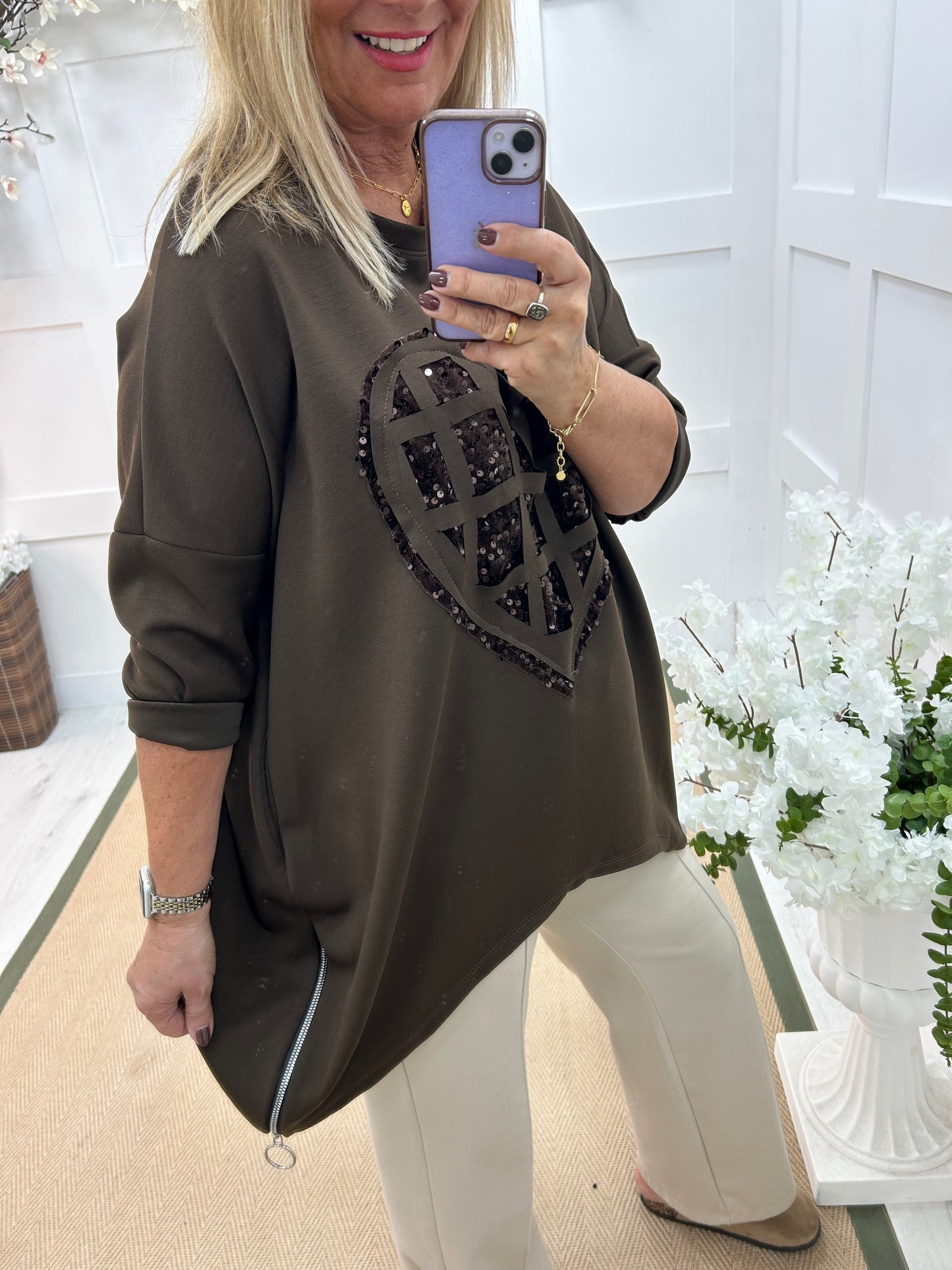 Hattie: Brown oversized sequin heart sweater. One size: 18-24