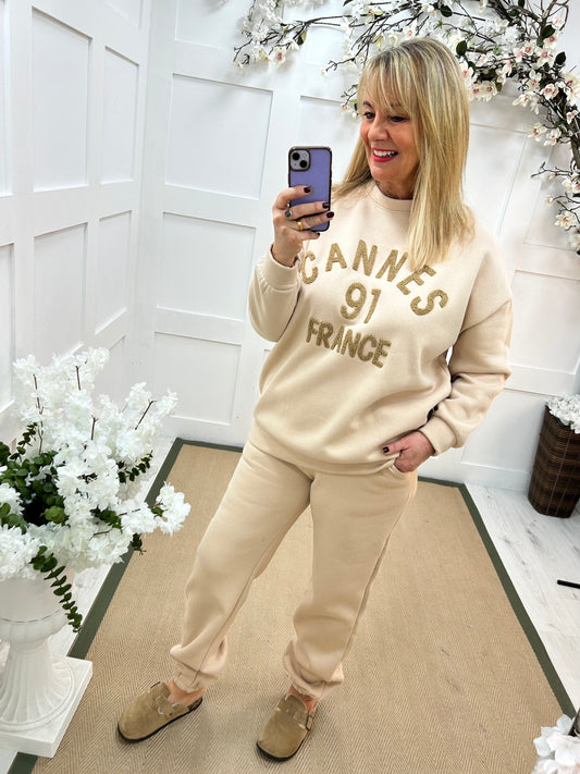 Chloe: Cream Cannes 2 piece loungewear set. One size: 14-18