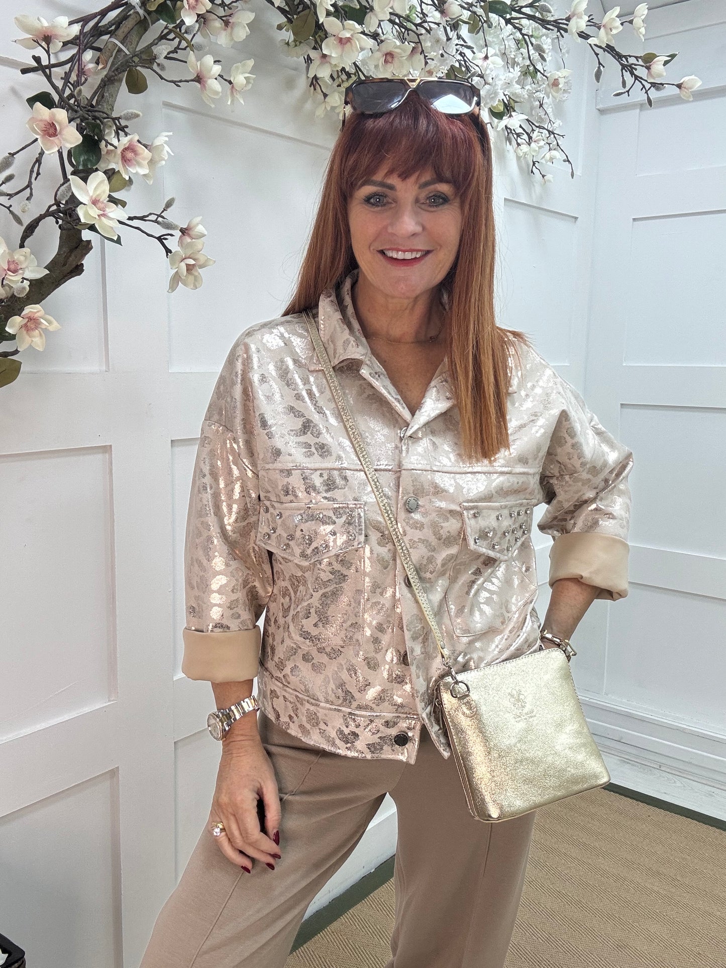 Ramona: Cream and gold luxe leopard jacket . One size: 10-16