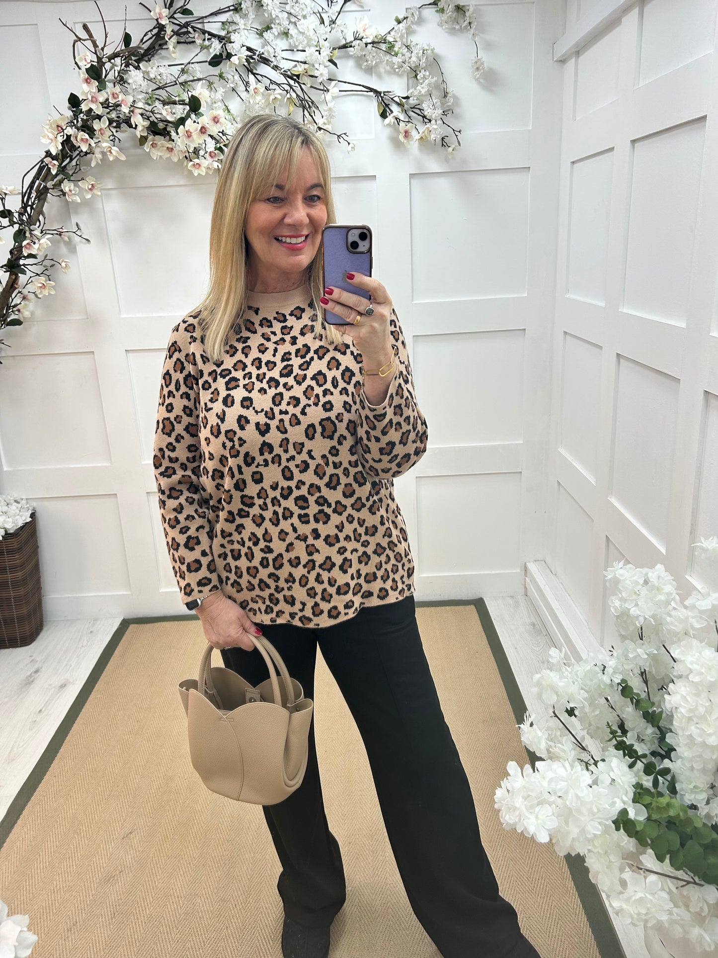 Mimi: Camel leopard print long sleeve knit top. One size: 12-16