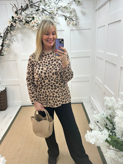 Mimi: Camel leopard print long sleeve knit top. One size: 12-16