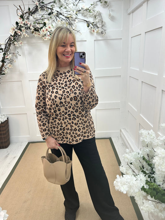 Mimi: Camel leopard print long sleeve knit top. One size: 12-16