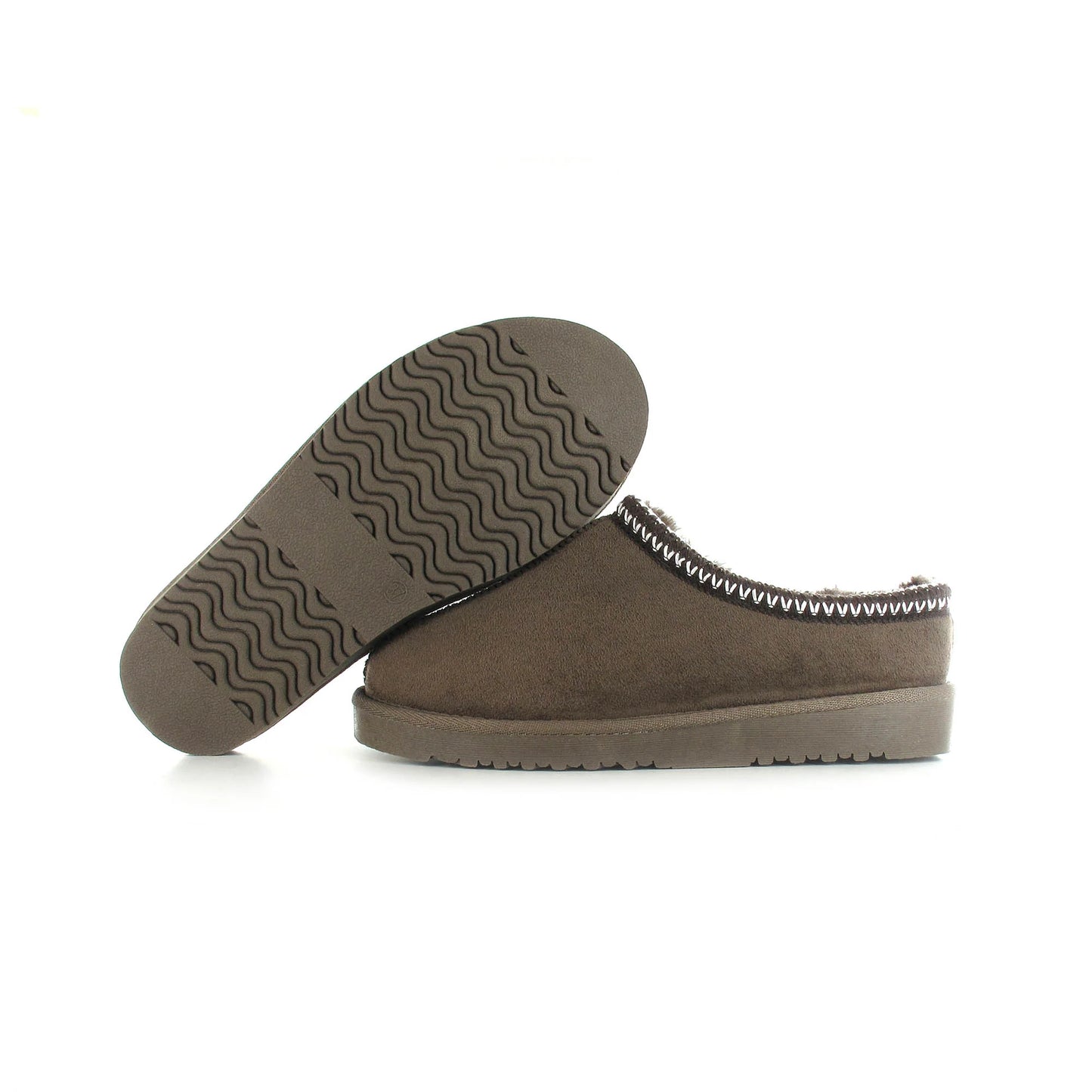 Tara: Mocha embroidered mule slippers. Sizes: 3-8