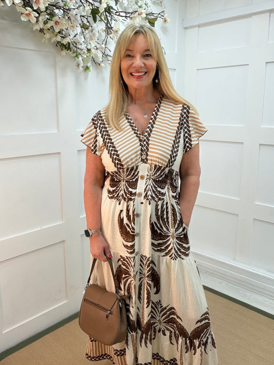 Pasha: Brown palm tree print V neck stretchy maxi dress. One size: 10-18