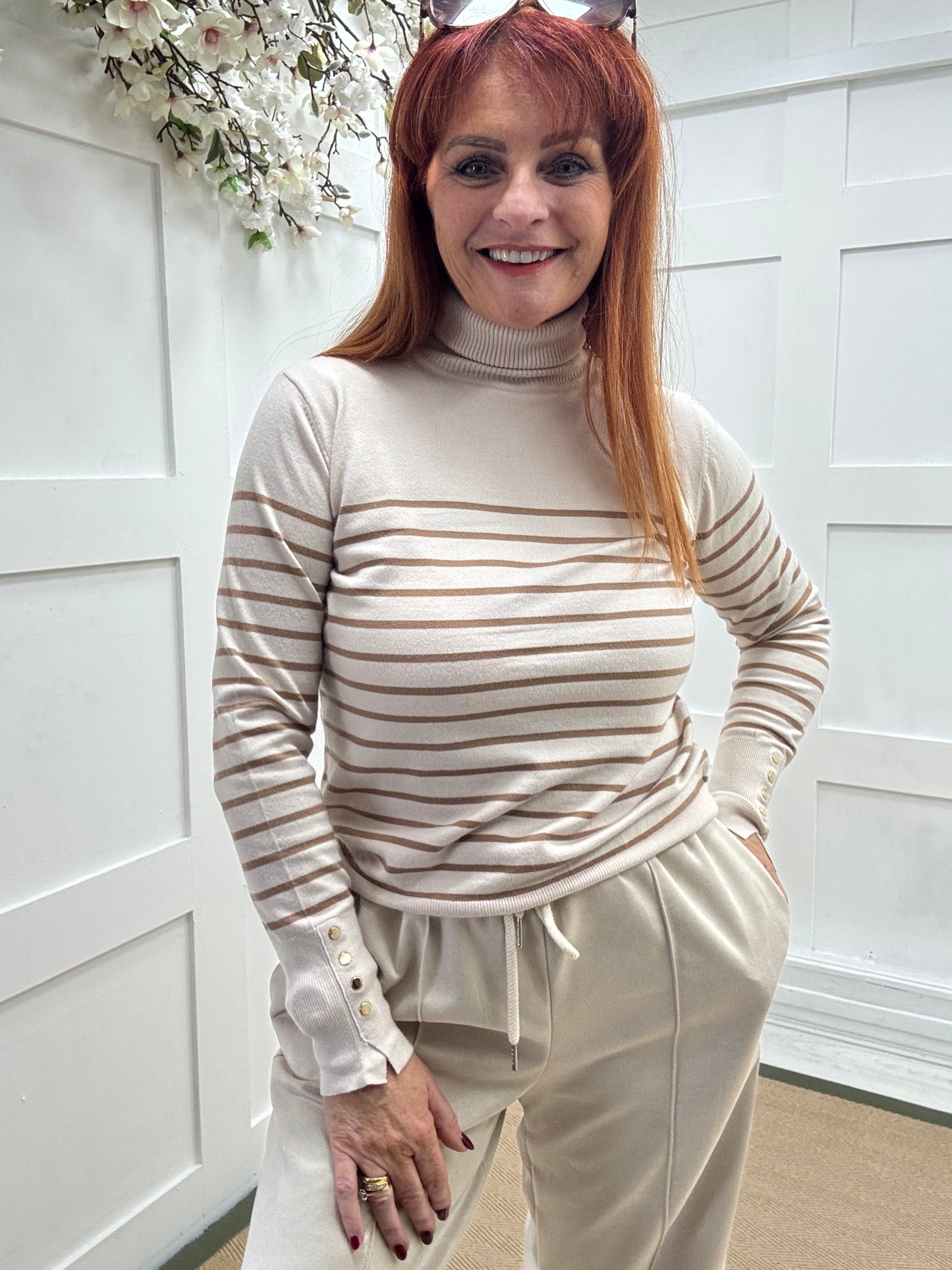 Karina: Cream & sand striped polo neck top. One size 10-14
