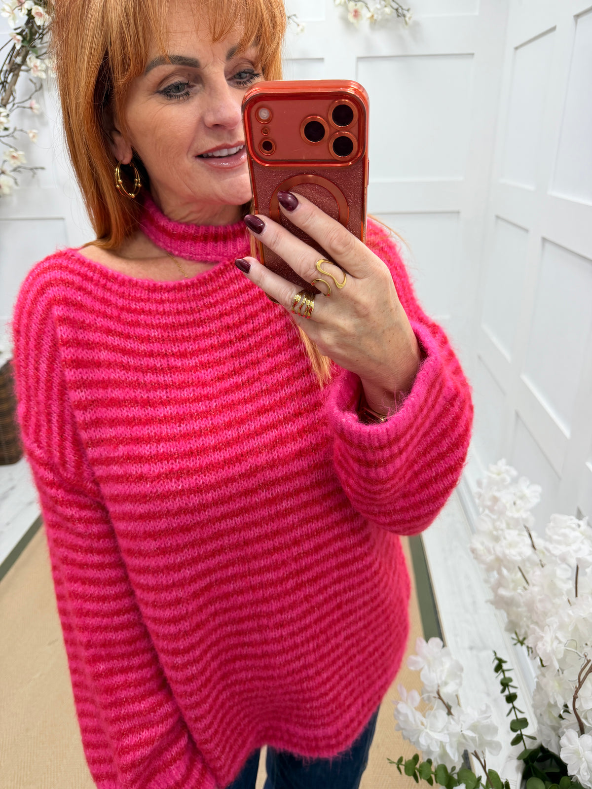 Robyn: Red & pink slash neck knit top. One Size: 12-18