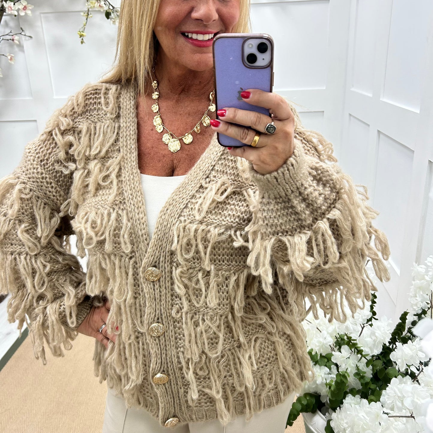 Kizzy: Mocha shaggy V neck cardigan. One size: 14-20