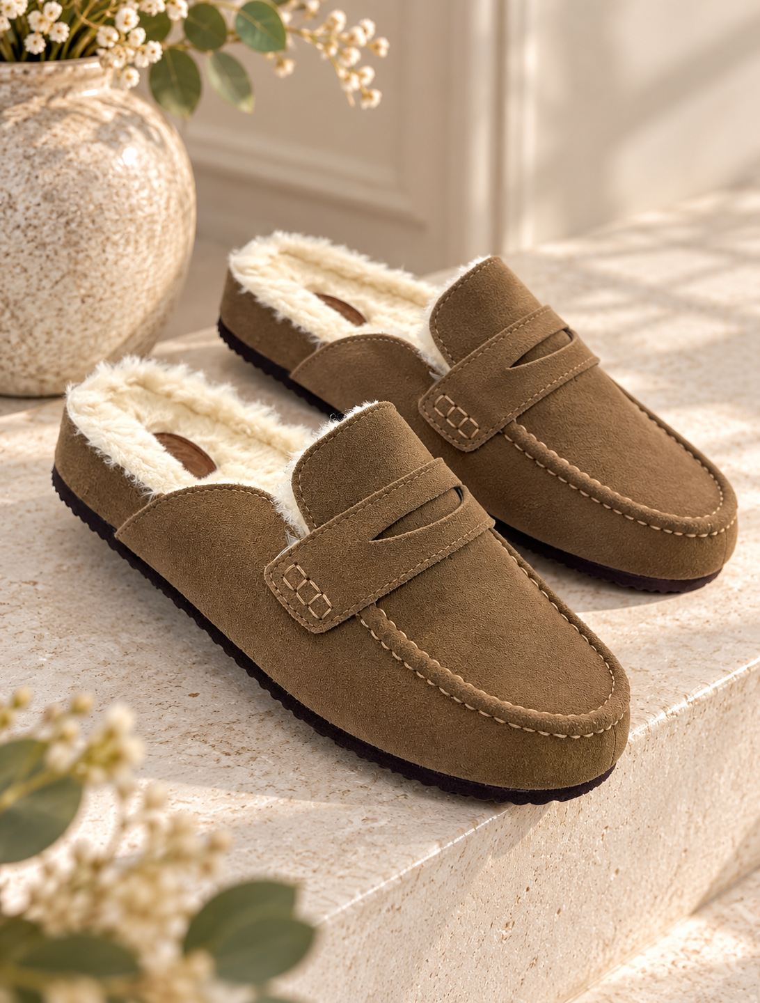 Morgan: Suede faux fur loafer mule. Sizes: 3-8. 2 colours