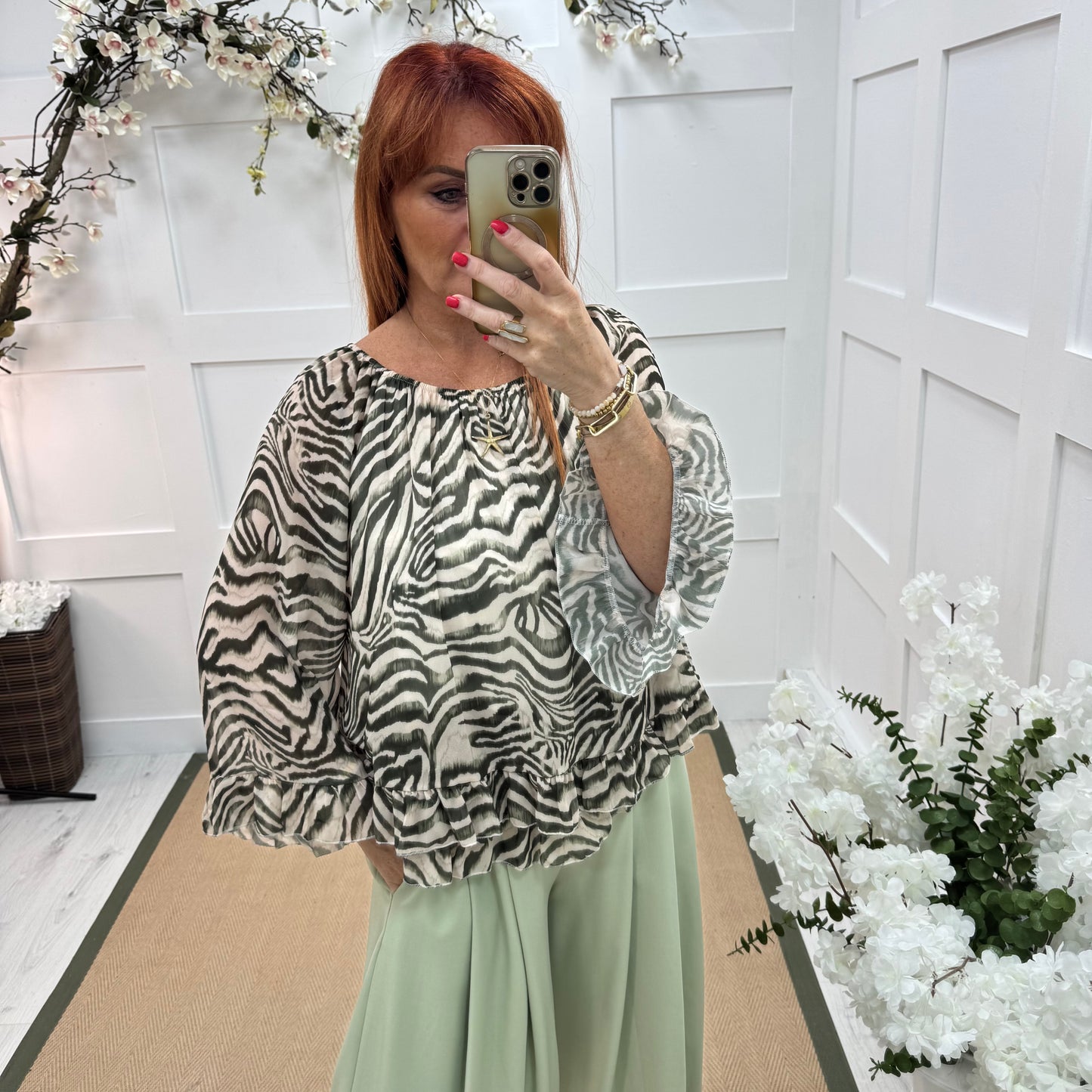 Foxy: Khaki zebra double frill chiffon top. One size: 10-20